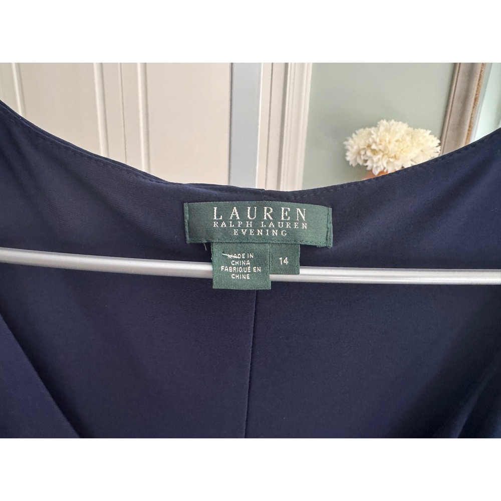 New Lauren Ralph Lauren Evening Navy Draped Gown Rhinestone Detail 14‎ Formal - Picture 6 of 13